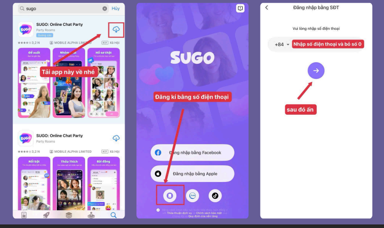 Tải app Sugo và đăng ký bằng số điện thoại