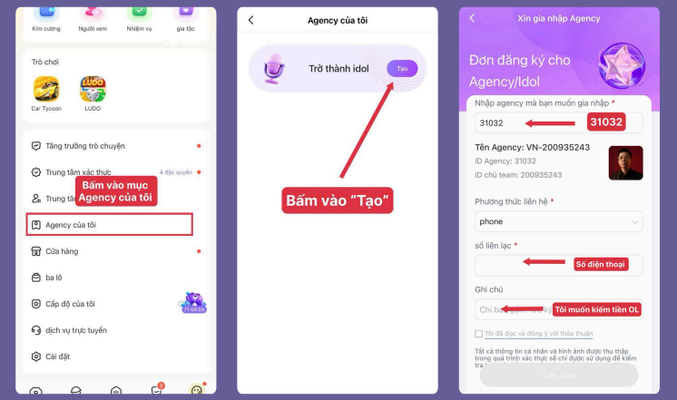 Vào Agency của tôi và bấm Tạo