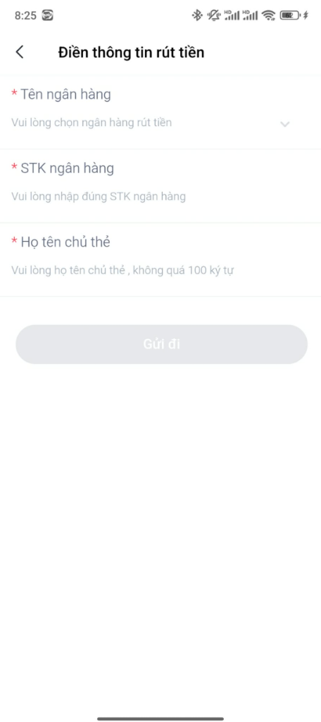 Điền thông tin rút tiền